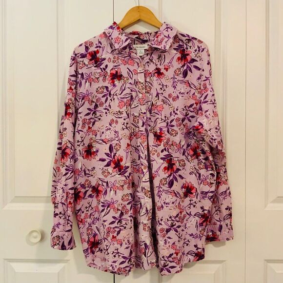 CW Classics Purple Pink Floral Cotton Button Down Top Size 1X - Picture 1 of 9